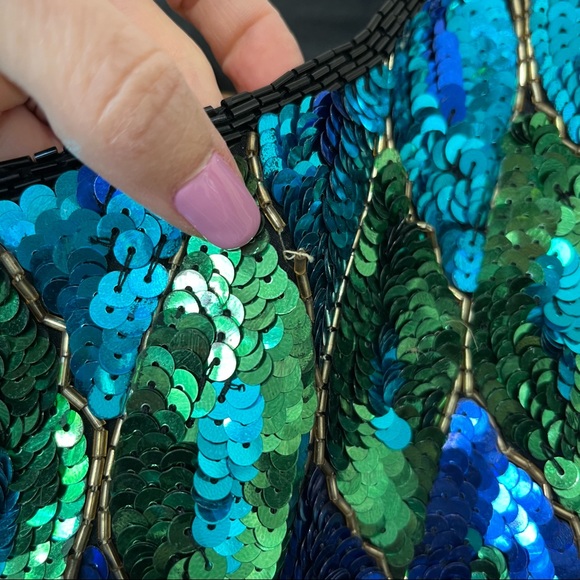 Vintage Sequin 100% Silk Peacock Green Blue Top Blouse - Picture 9 of 15